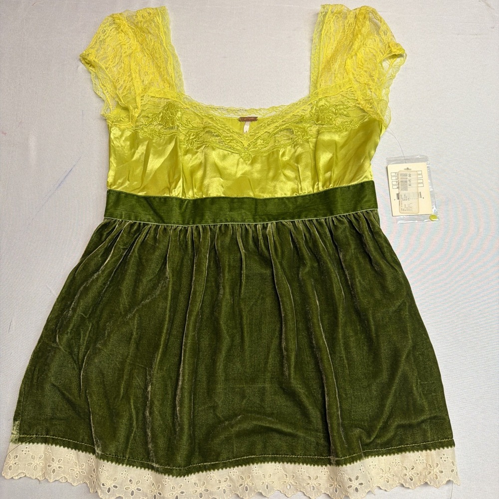Free People Baby Doll Fairy Cottage Core Green Silk/Faux Suede Womens Size‎ 2